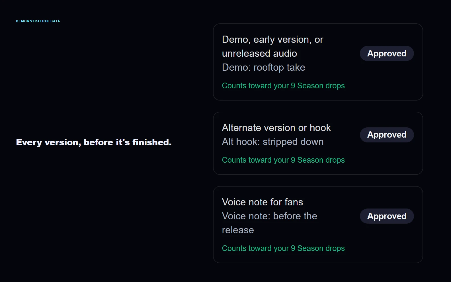 Artist Content Bank listing three first versions: a demo, an alternate hook, and a voice note.