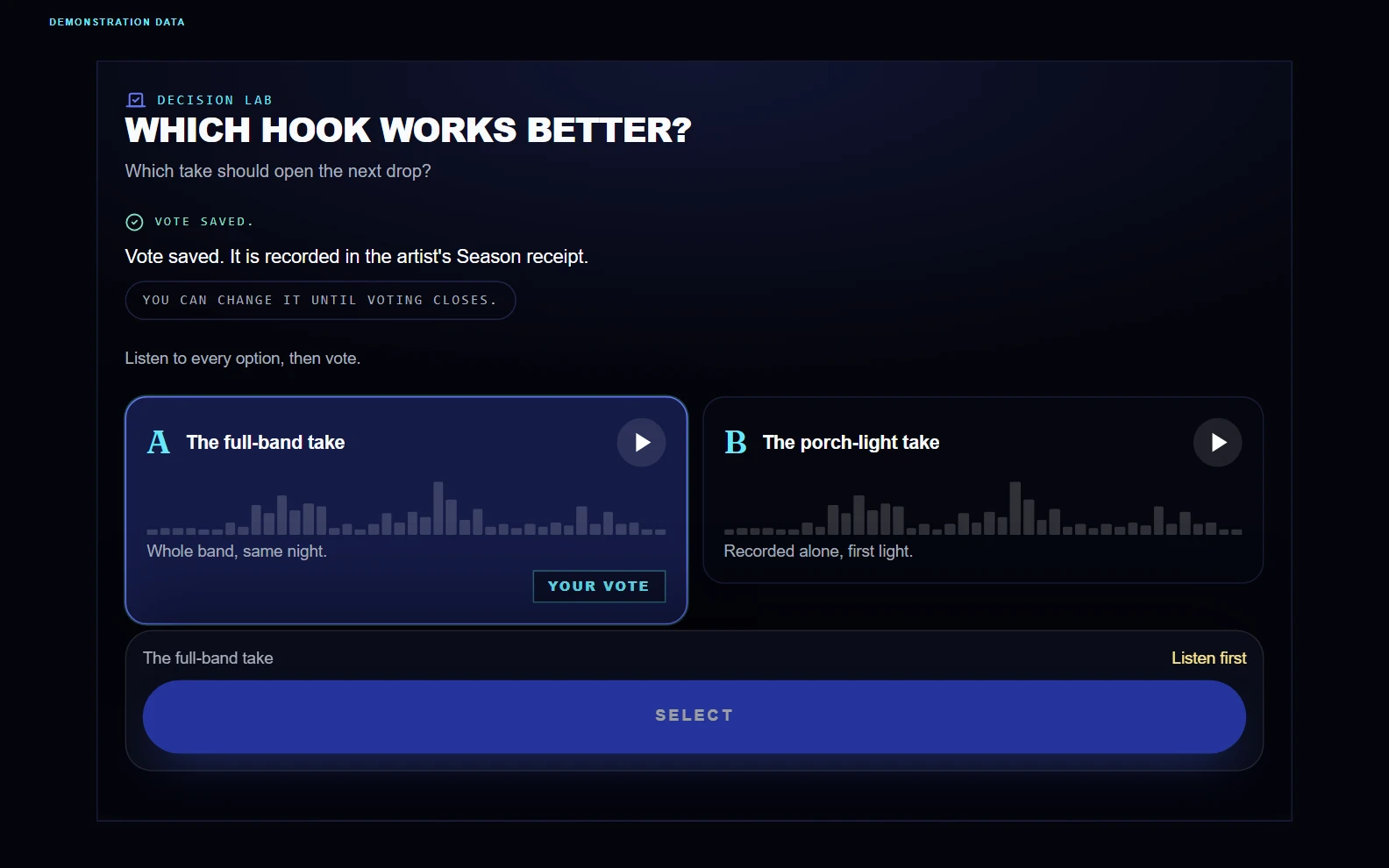 Decision Lab poster: two audio takes with waveforms side by side, the fan's saved vote highlighted on one.