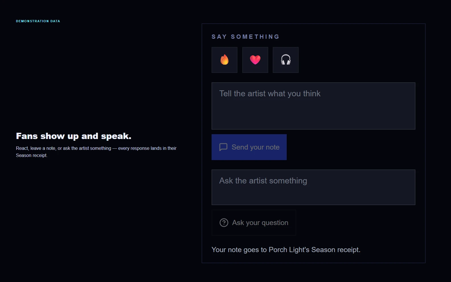 Season drop discussion panel: fan reaction buttons, a comment box, and a question prompt to the artist.